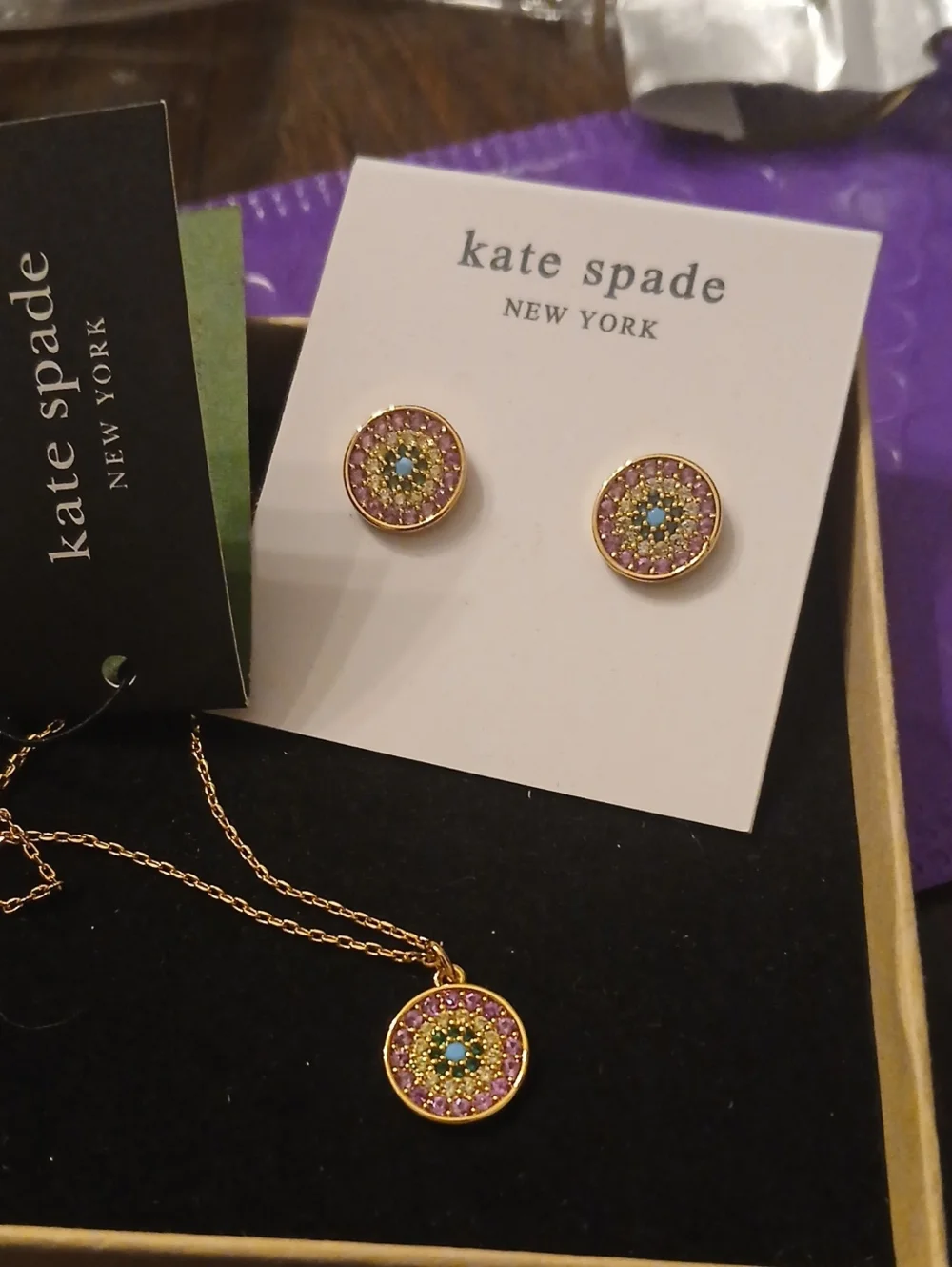 kate spade Gold-Tone Pink & Turquoise Pave Circle Necklace and Stud Earrings